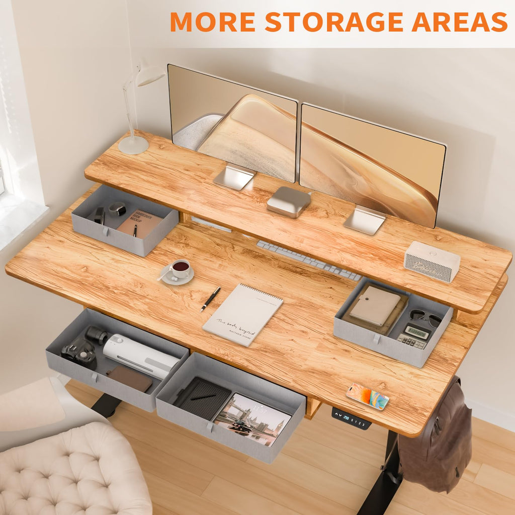 63 x 30 Inch Electric Standing Desk with 4 Drawers, Light Rustic