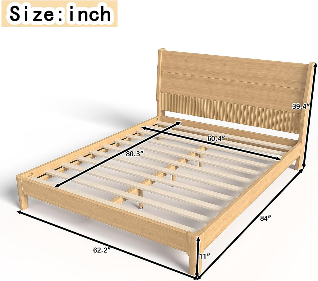 Bamboo Platform Bed Frame with Tall Headboard, Solid Bamboo Bed Frame with Support Slats, Modern Low