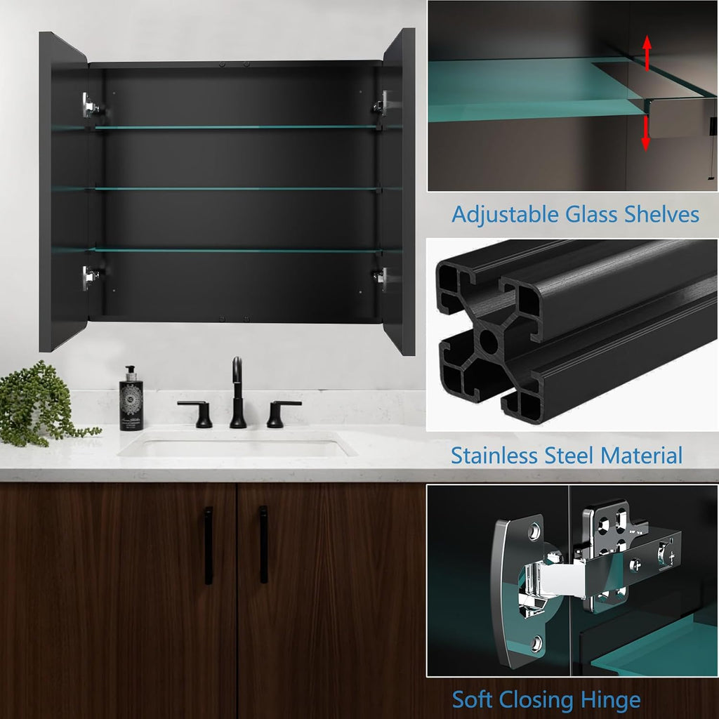 Bathroom Medicine Cabinet with 30"x26" Black Stainless Steel Framed Mirror,Recessed or Surface Mounted Bathroom