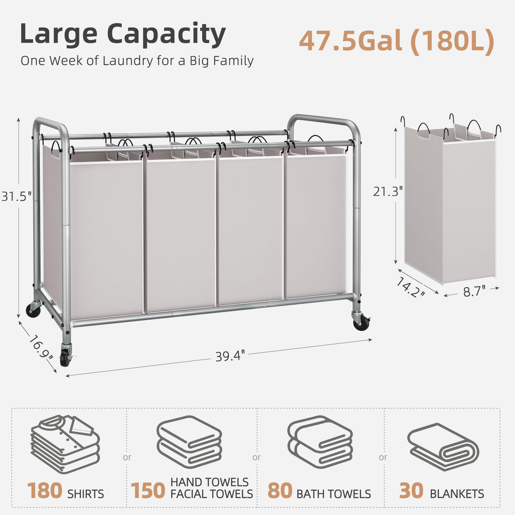 4 Section Laundry Sorter, Laundry Hamper with Wheels, Gray