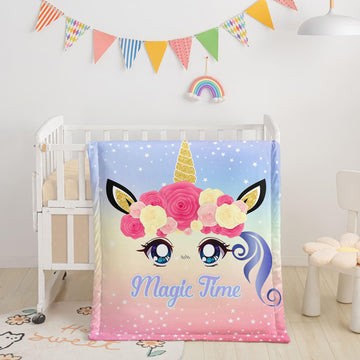 Crib Bedding Set,3pcs Nursery Crib Bedding with Comforter Crib Sheet & Crib Skirt,Lovely Unicorn Flowers Printed
