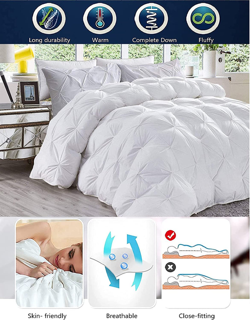 White Down Alternative Pinch Pleated Comforter- Large Oversized King Plus 136 x 120 Inches 1 Piece All-Season Duvet