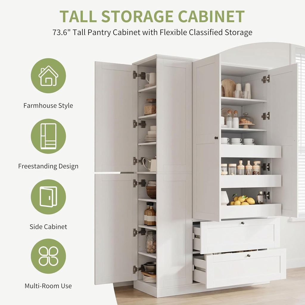 73.6" Tall Farmhouse Kitchen Pantry Cabinet with 7 Shelves, 2 Drawers, 3 Pull-Out Trays, 6 Doors and Side Cabinets