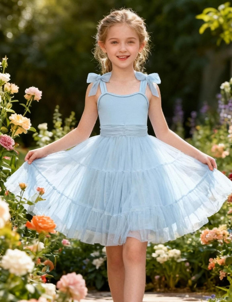 Girls Dresses Summer Sleeveless Bow-Tie Straps Party Tulle Dress