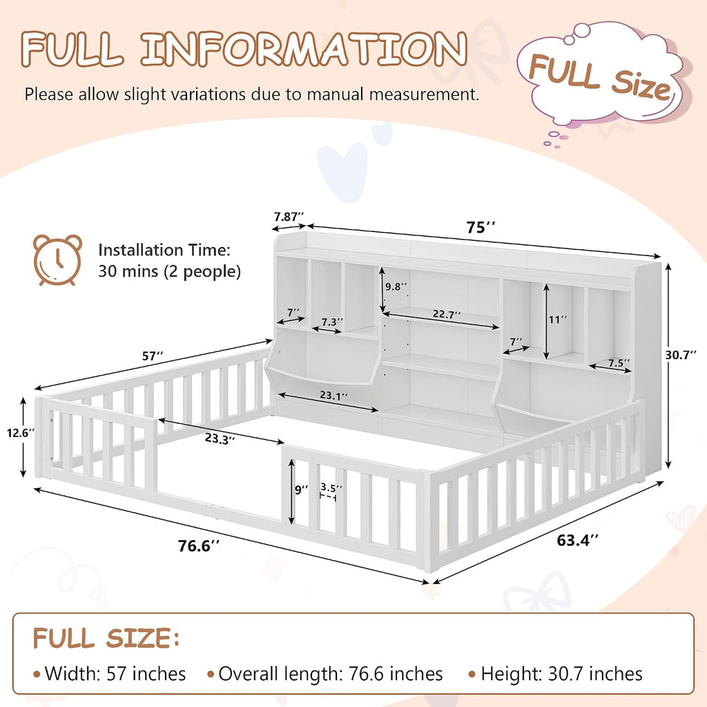 Floor Bed for Kids, Wooden Montessori Bed Frame with Bookcase, Storage Shelves & Safety Fence Rails, Floor Beds