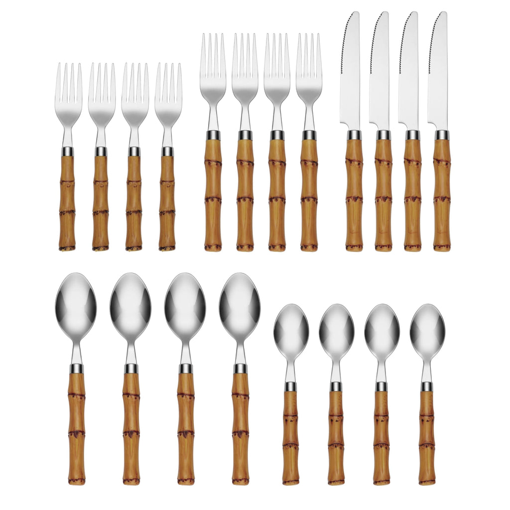 Bamboo Plastic Handle Flatware Set for 4 (Light Brown, 20-Piece)