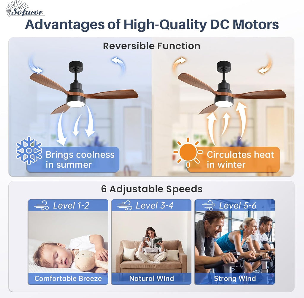 48 Inch Smart Ceiling Fan with Light and Remote - 3 Solid Wood Blades, Dimmable LED, Reversible DC Motor, Works with Alexa & Google