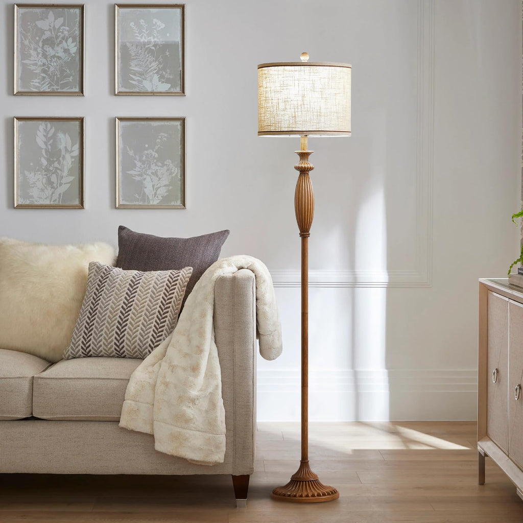 Vintage Floor Lamp, Rustic Standing Lamp with Linen Shade, Light Wood Grain