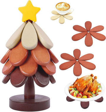 Wooden Trivets for Hot Dishes, Christmas Tree Shape Trivet for Hot Pot Pans, Wood Coasters Counter Decor - Set of 4