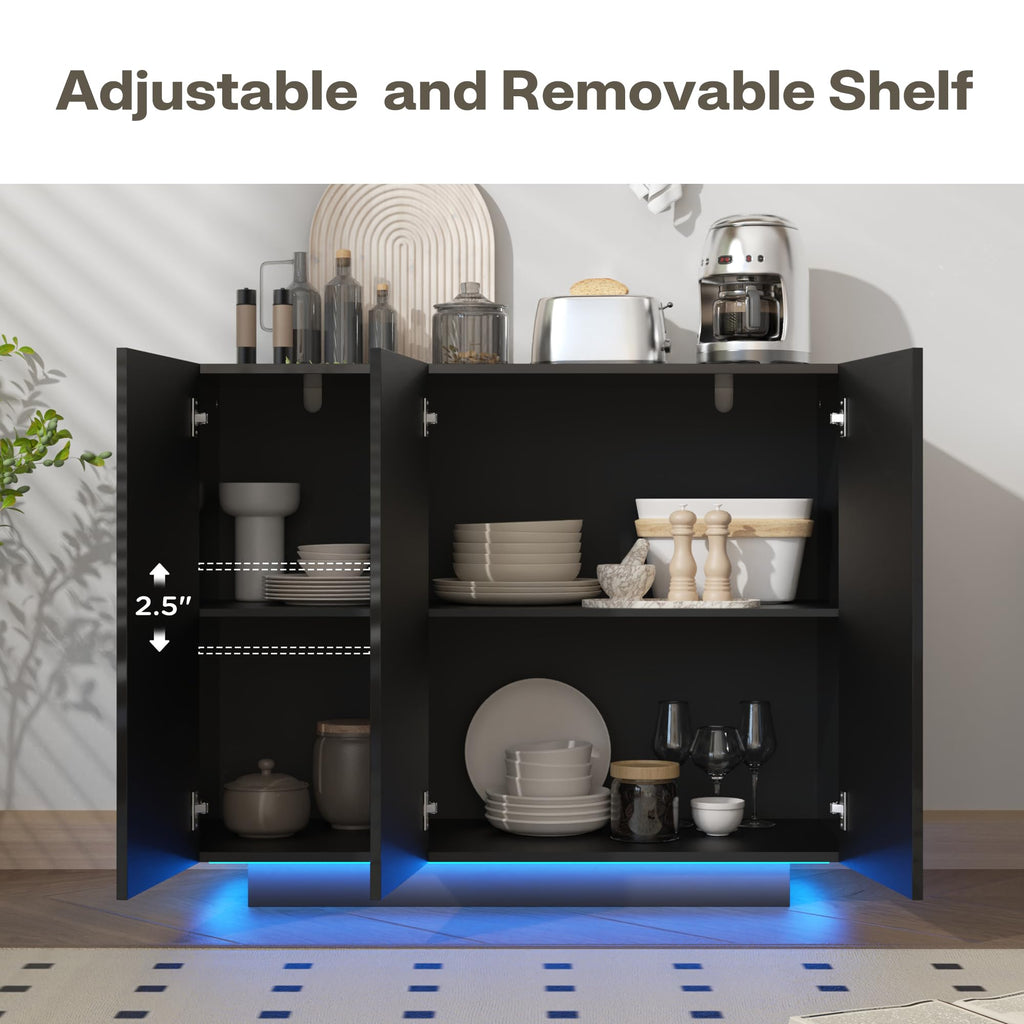 Modern 39.4" High Gloss Buffet Cabinet with LED Lights, Black