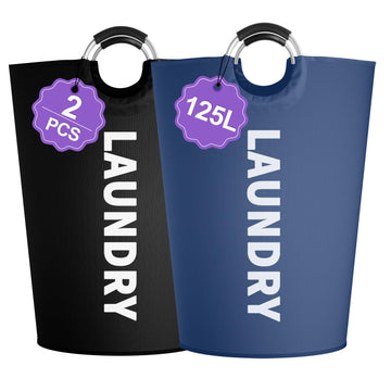 Set of 2 Collapsible Laundry Basket 125L, Tall Laundry Hamper with Comfort Handle, Freestanding Storage Bin for