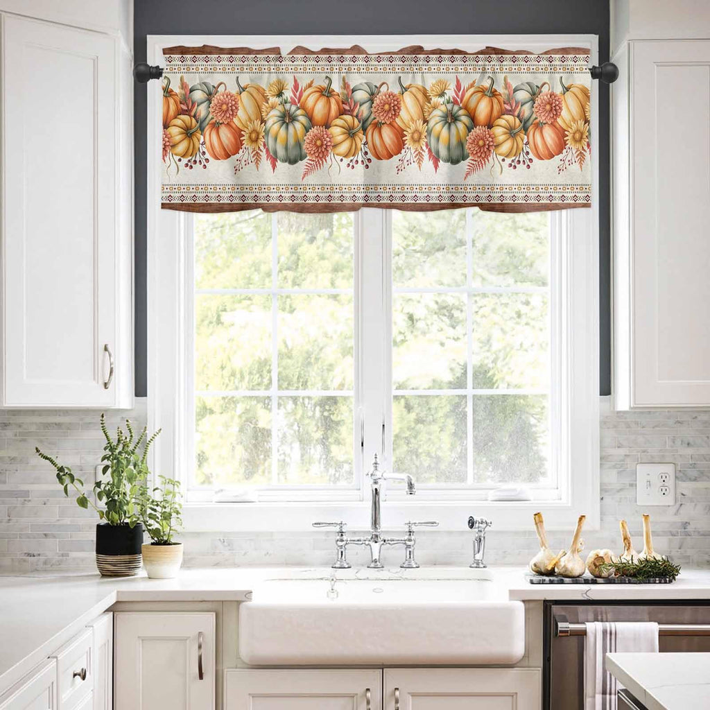 Orange Pumpkins Fall Valances Window Treatment Farmhouse Decor, Boho Thanksgiving Botanical Floral Rod Pocket Valance