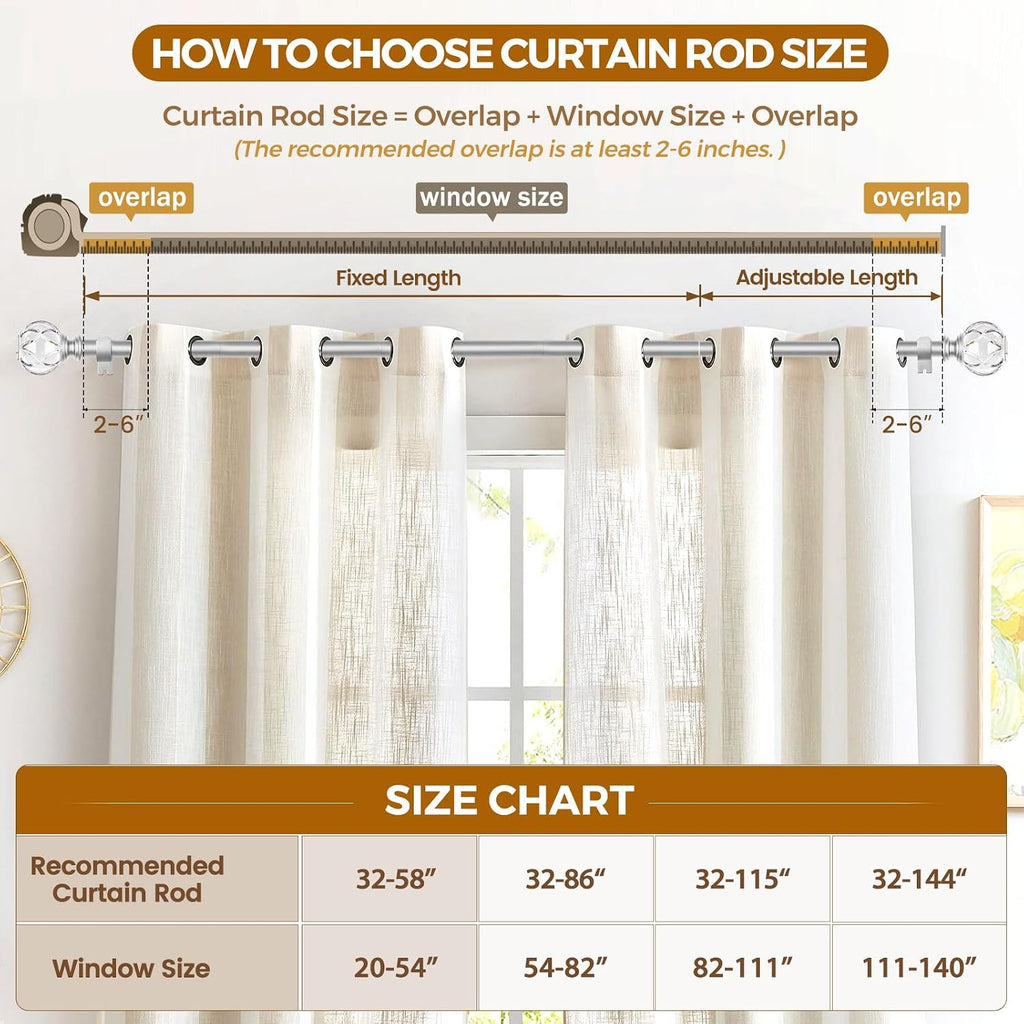 1 Inch Curtain Rod for Windows, Silver Telescoping Decorative Drapery Rods with Acrylic