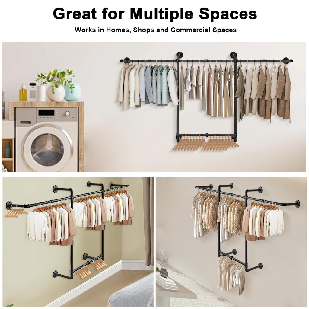 Industrial Pipe Clothes Rack, Heavy Duty Detachable Iron Garment Rack Wall Mounted, Rustic Saving Space Clothes Bar