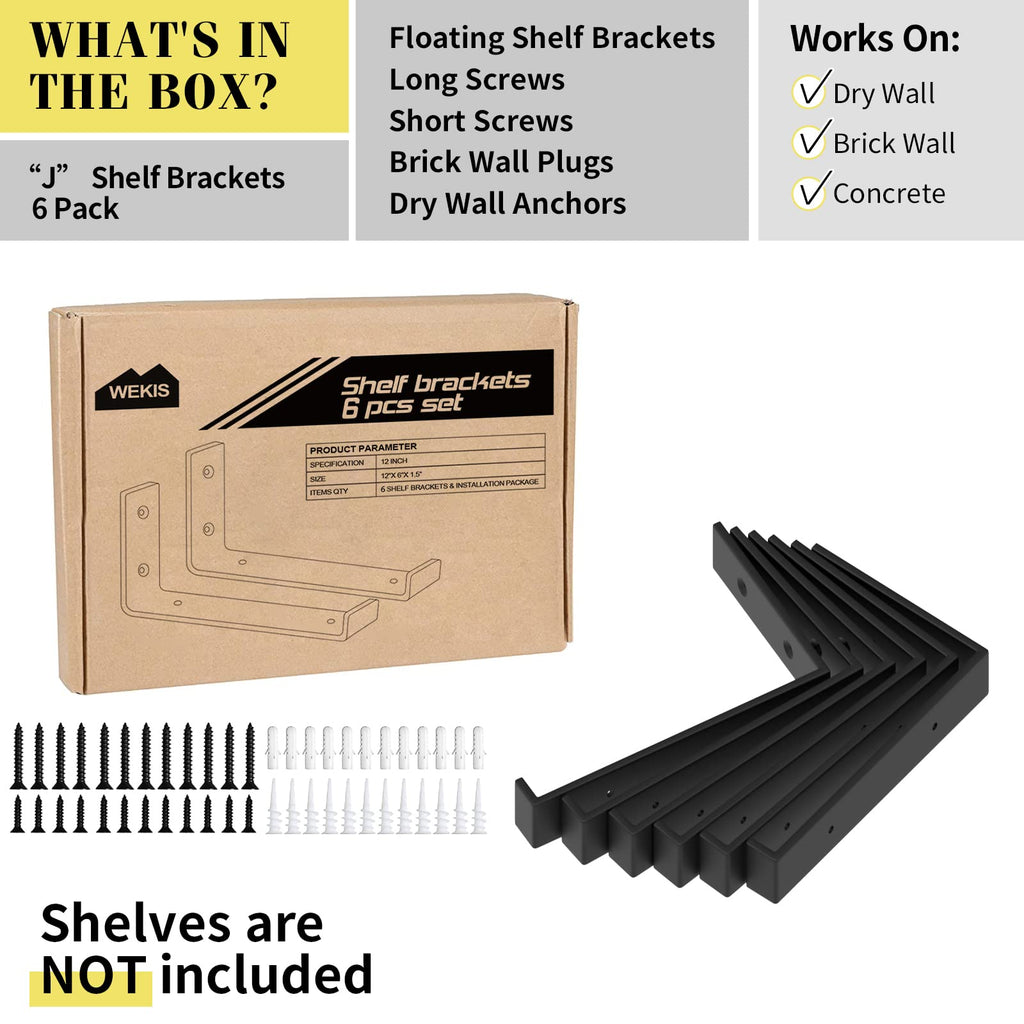 12 Inch Heavy Duty Floating Shelf Bracket, Wall Mounting Industrial Black Shelf Brackets, 1/5 Inch Thick Iron Metal