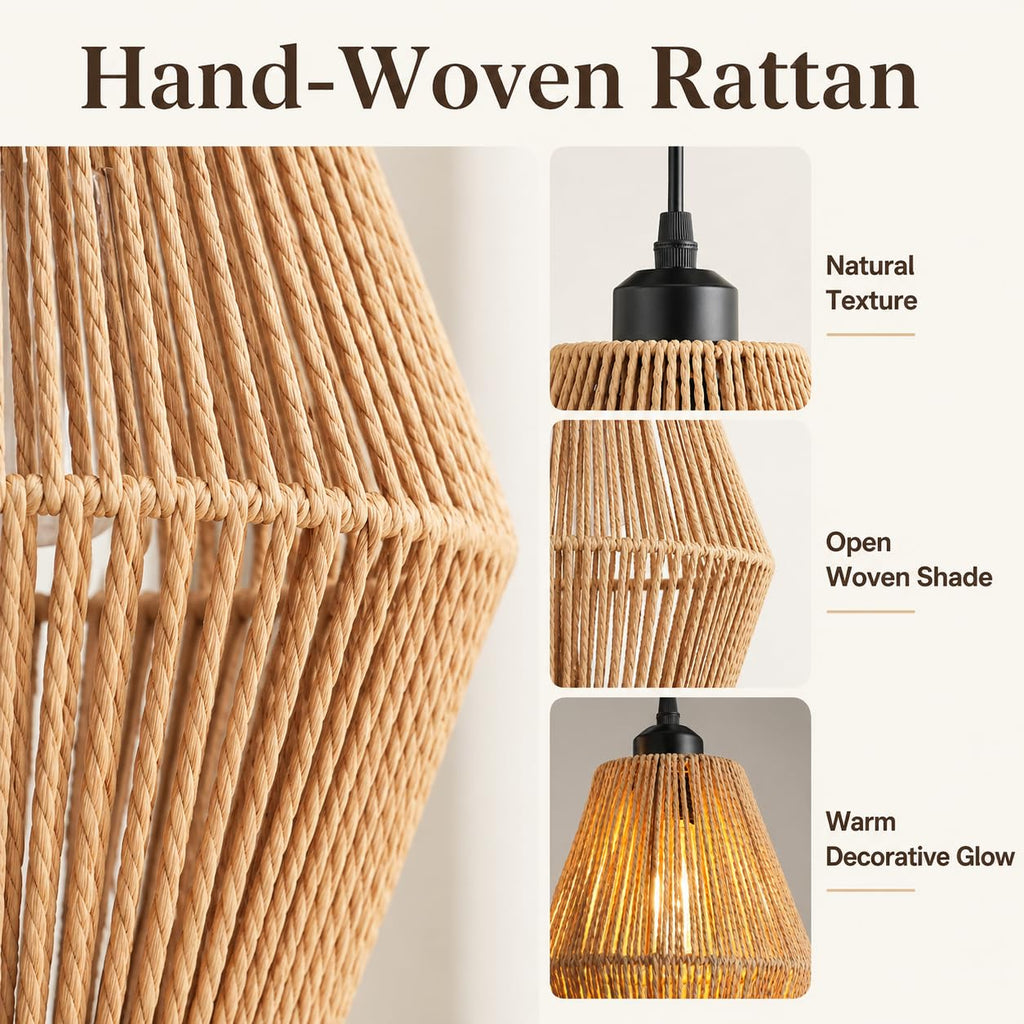 3-Light Rattan Pendant Light, Hand Woven Boho Chandelier, Wicker Pendant Light Fixture, Kitchen Dining Room Chandelier