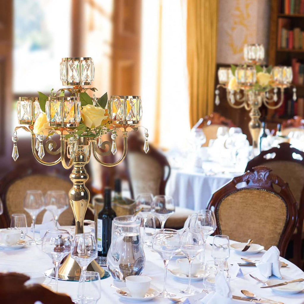 Gold Candelabra Candle Holders, Elegant Bling Centerpiece with Pendant Crystal Table Decorations 5 Arms Candlesticks