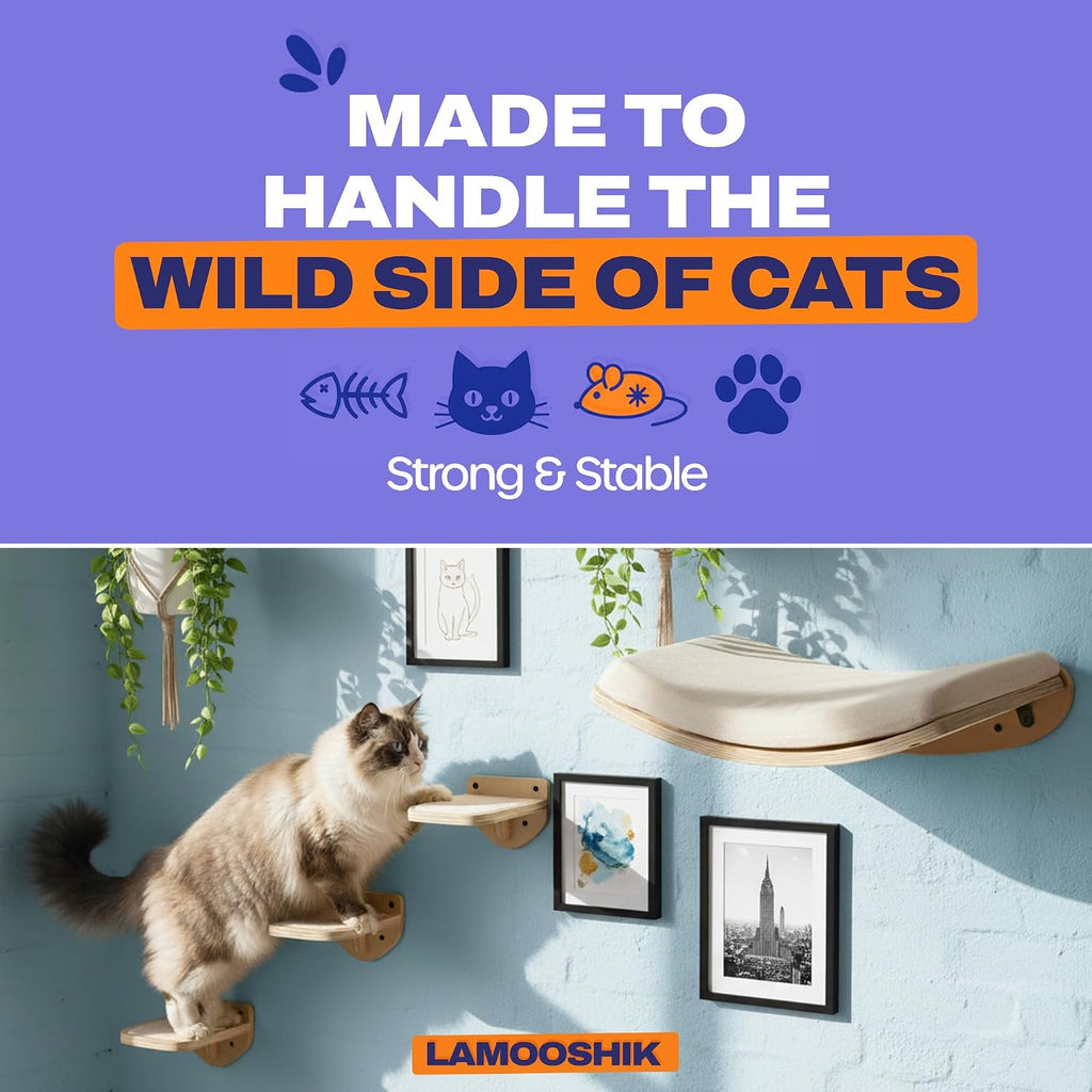 Cat Wall Shelves, Natural Floating Cat Furniture with Bed & Steps