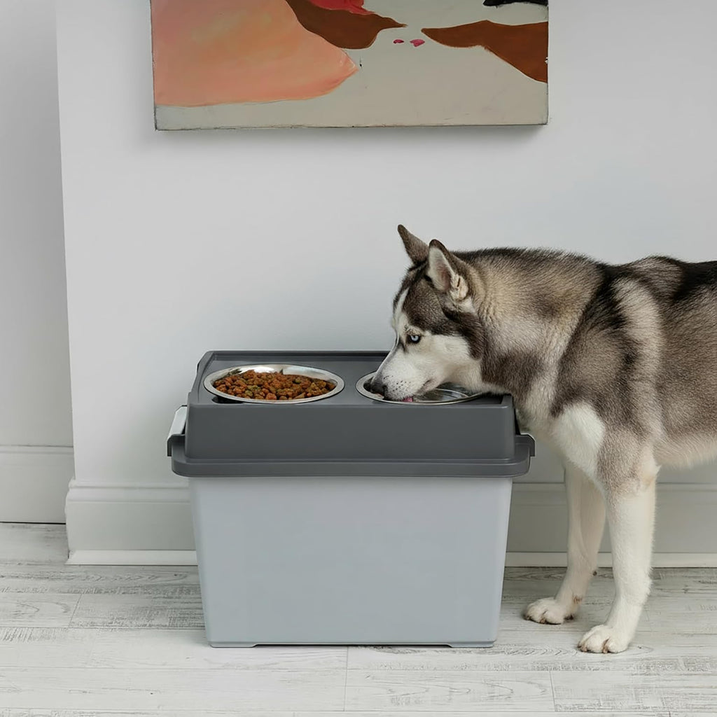USA Elevated Dog Bowls 15" H, up to 47 lb Storage, Gray/Dark Gray