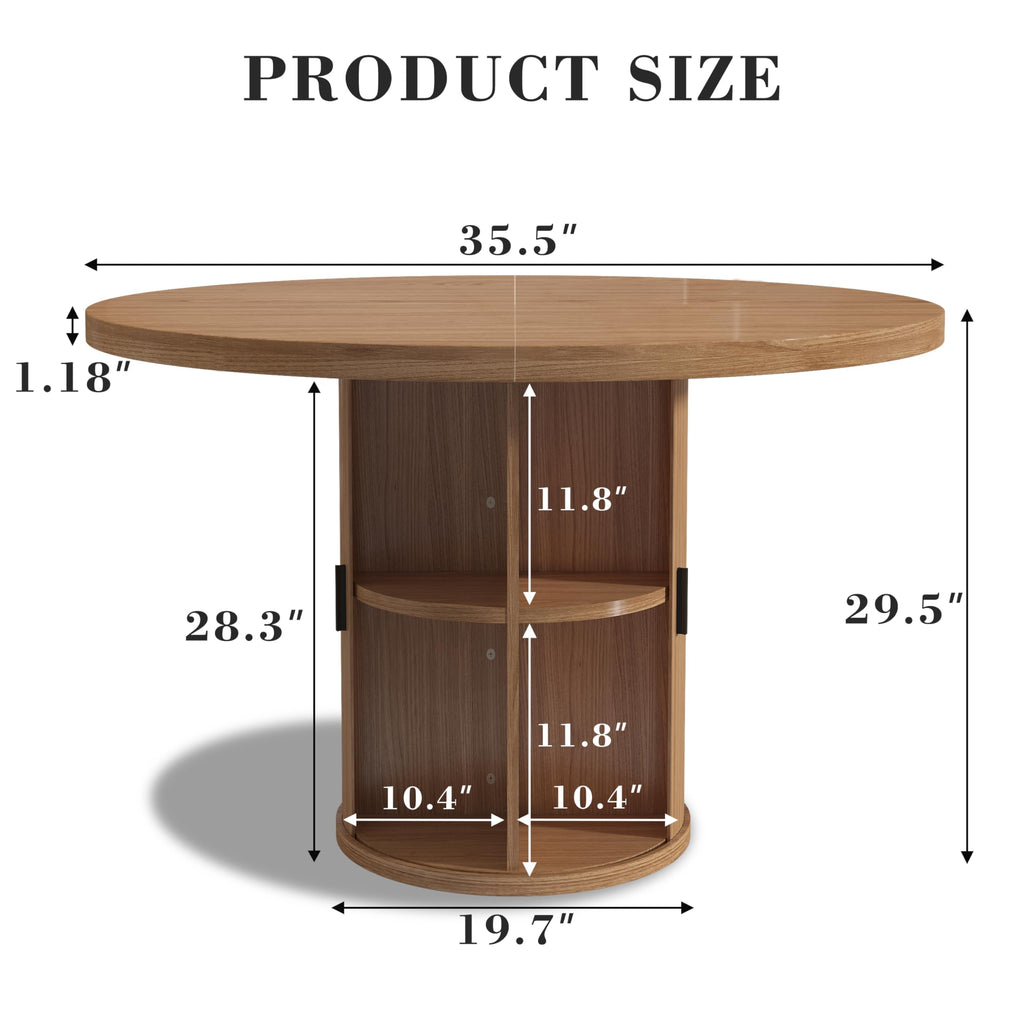 35.5'' Round Dining Table for 2-4, Small Dining Table with Storage Shelf, Modern Fluted Dining Room Table, Wood Base