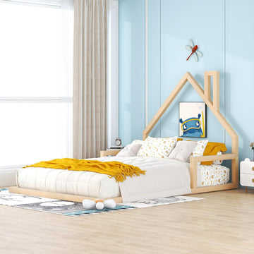 Full Size Wood Floor Bed with House-Shaped Headboard, Wooden Platform Bed Frame, No Box Spring Required