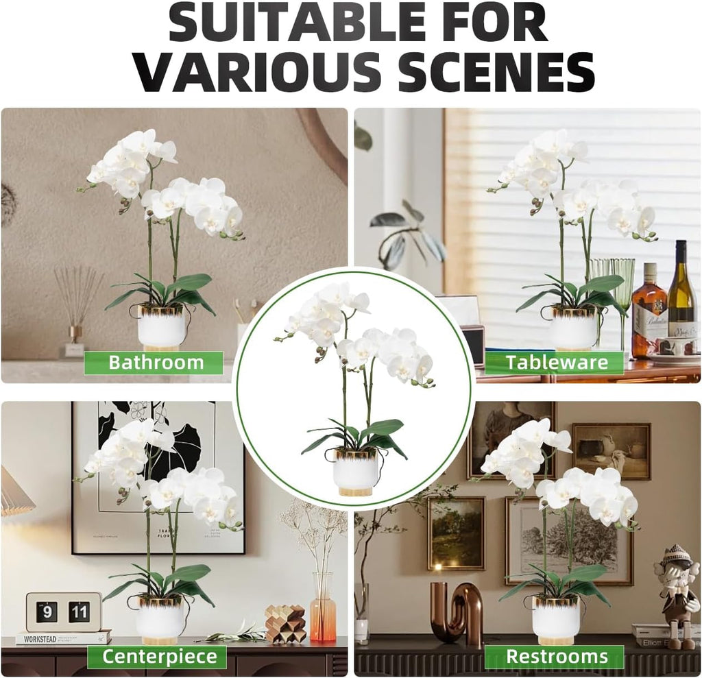 Orchids Artificial Flowers Real Touch Fake Flowers in Ceramic Pot 20" White Faux Orchid Plant Lifelike Silk