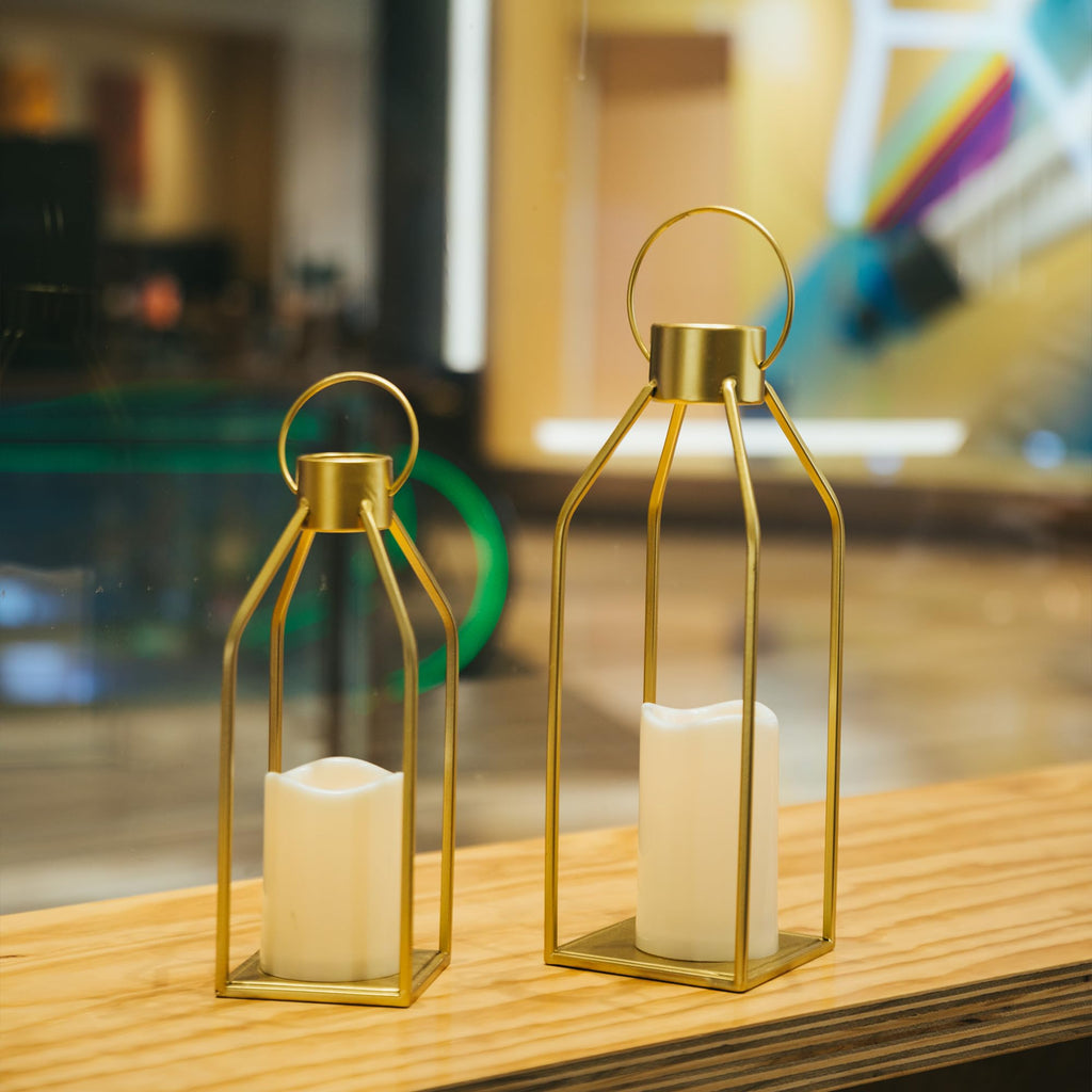 Modern Farmhouse Lantern Decor- Gold Metal Candle Lanterns for Christmas- Lanterns Decorative w/Timer Flickering