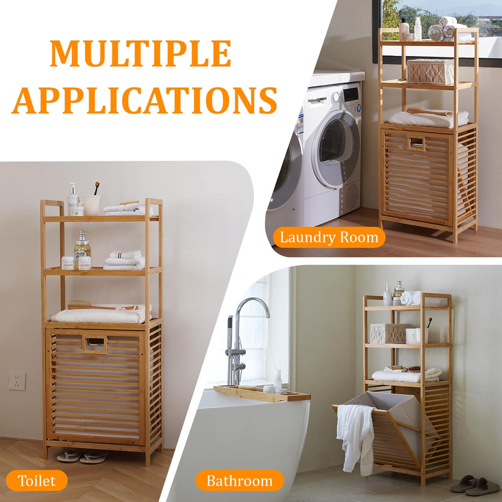 Tilt Out Laundry Hamper with 3 Tier - Bamboo Laundry Basket, Natural