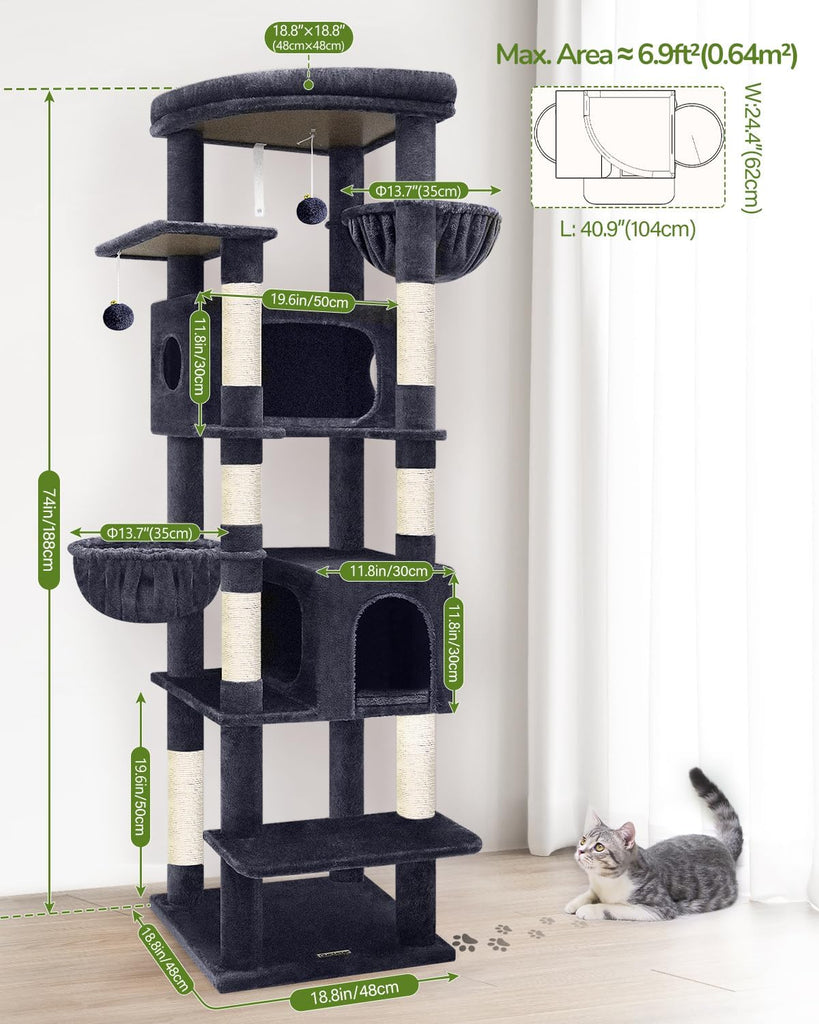 Heavy Duty Cat Tree, 74in Sturdy Cat Tower for Large Cats Adult, Big Cat Tree with 7 Sisal Scratching Posts