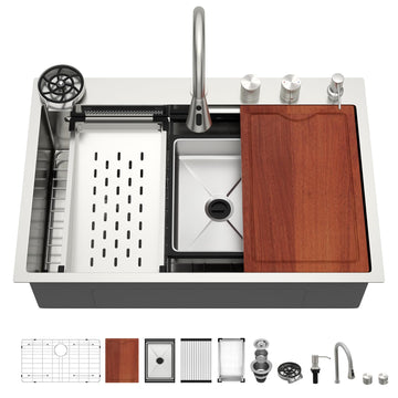 33x22 Inch Waterfall Kitchen Sink Drop In Multifunctional Workstation With Faucet Combo, Topmount 16 Gauge Stainless