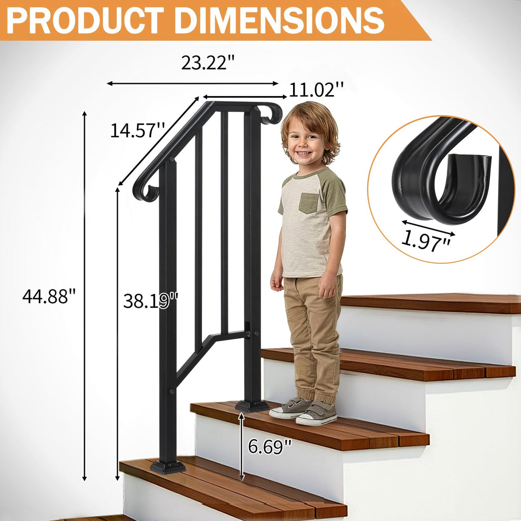 Handrails for Outdoor Steps, Black Wrought Iron Fits 1 Step