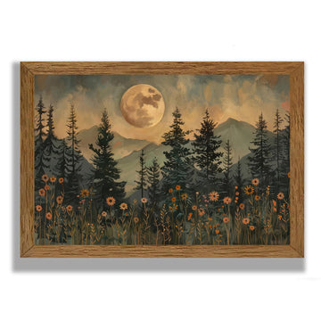 Vintage Pine Tree Wall Art, Moonlit Wood-Framed Canvas, 20 x 30 In