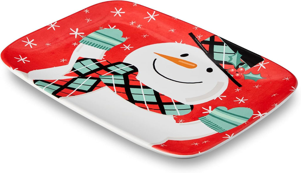 Christmas Whimsy Snowman Rectangular Platter 14x10 Inch - Festive Holiday Ceramic Serving Tray with Cute Snowman Art