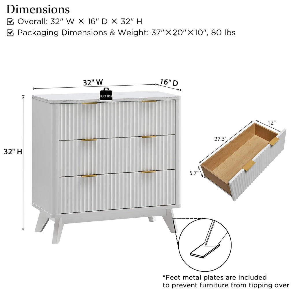32" Fluted 3 Drawer Dresser, Solid White