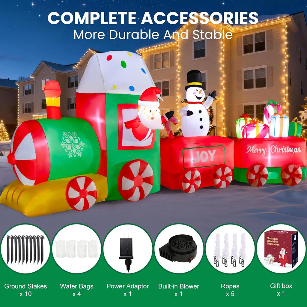 12ft Christmas Inflatables Train with Santa Claus, Christmas Blow Up Yard Decorations with Built-in LED, Christmas