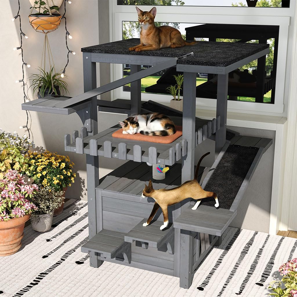 4-Tier Outdoor Cat House Weatherproof Wooden Outside Cat Tree Tower with Ramps, Scratching Post & Enclosed Shelter