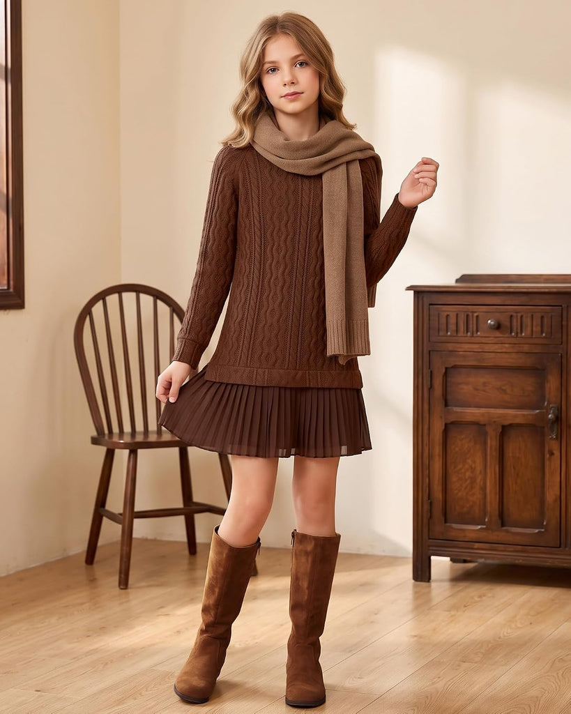 Dresses Cable Knit Twofer Pleated Fall Winter Dress
