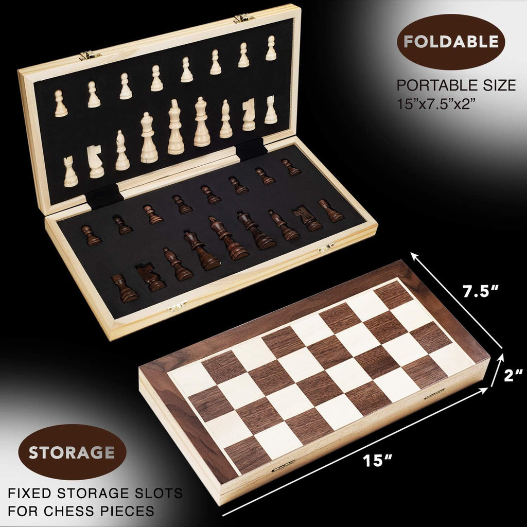 Inches Magnetic Wooden Chess Set - 2 Extra Queens - Folding Board - Pieces Storage Slots, Handmade Portable Travel - Set of 32