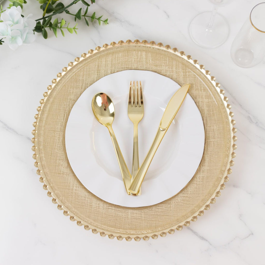 12" Gold Glass Charger Plates with Beaded Rim and Cross-Stitch Pattern; Intricate Textured Underplates