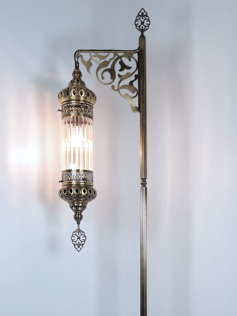 Turkish Moroccan Ottoman Era Style Antique Vintage Standing Floor Lamp, Antique Brass Metal Body, Shatterproof Pyrex