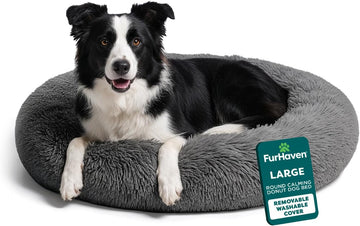 Round Calming Donut Dog Bed for Dogs, Refillable w/ Removable Washable Cover, For Dogs Up to 75 lbs