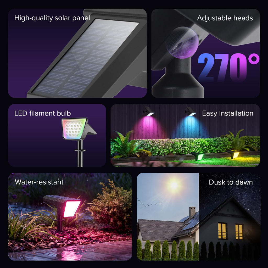 6 Packs Solar Spot Lights Outdoor Waterproof, 28 LED RGBW Solar Powered Landscape Pathway Lights, Dusk to Dawn Solar