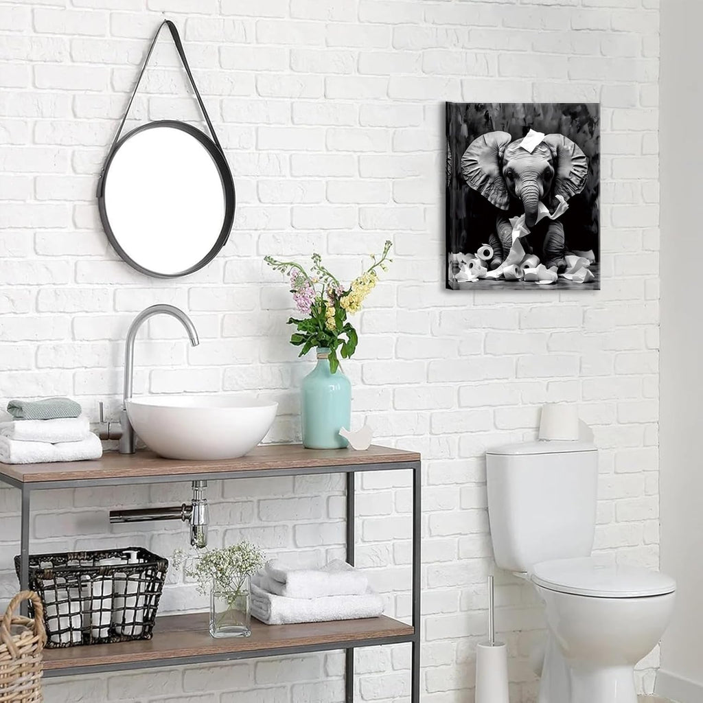 Framed Bathroom Decor Wall Art, Funny Black and White Elephant Wall Art