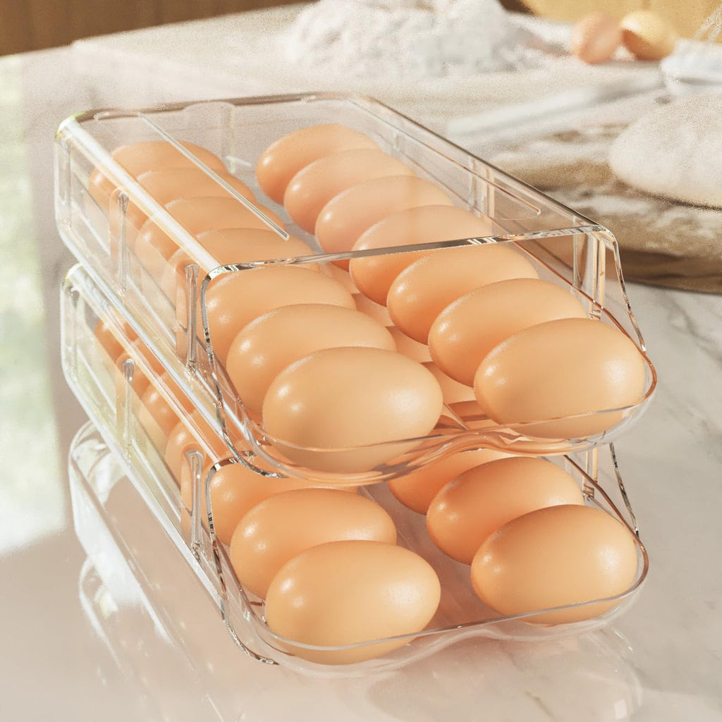 Egg Holder for Fridge, Automatic Rolling Egg Container, Clear, 2Pack