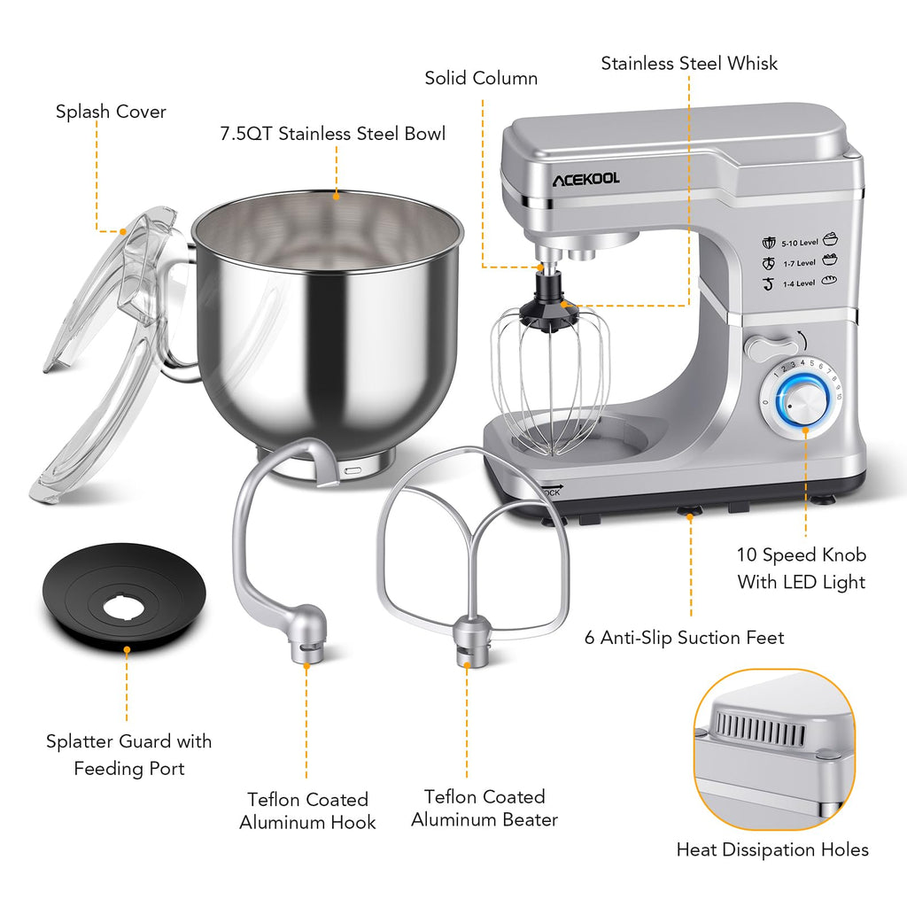 Stand Mixer, 7.5QT 660W Electric Stand Mixer with 10-Speed Tilt-Head, Stainless Steel Bowl, 3-IN-1 Dough Mixer for