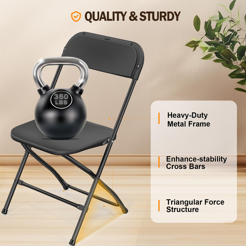 Folding Chairs Set of 12, Black Plastic Chair Sturdy Seat with Metal Frame, Perfect for Party, Event, Wedding