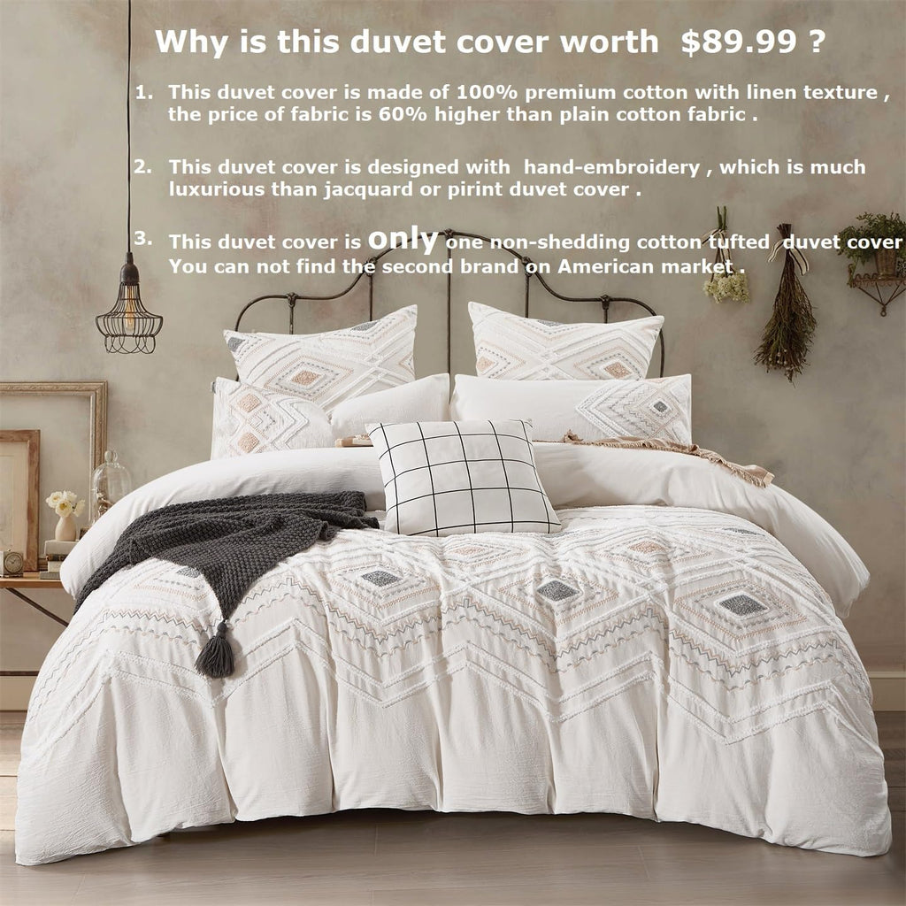 Off White Breathable Tufted Cotton Boho Duvet Cover Set 104x90''