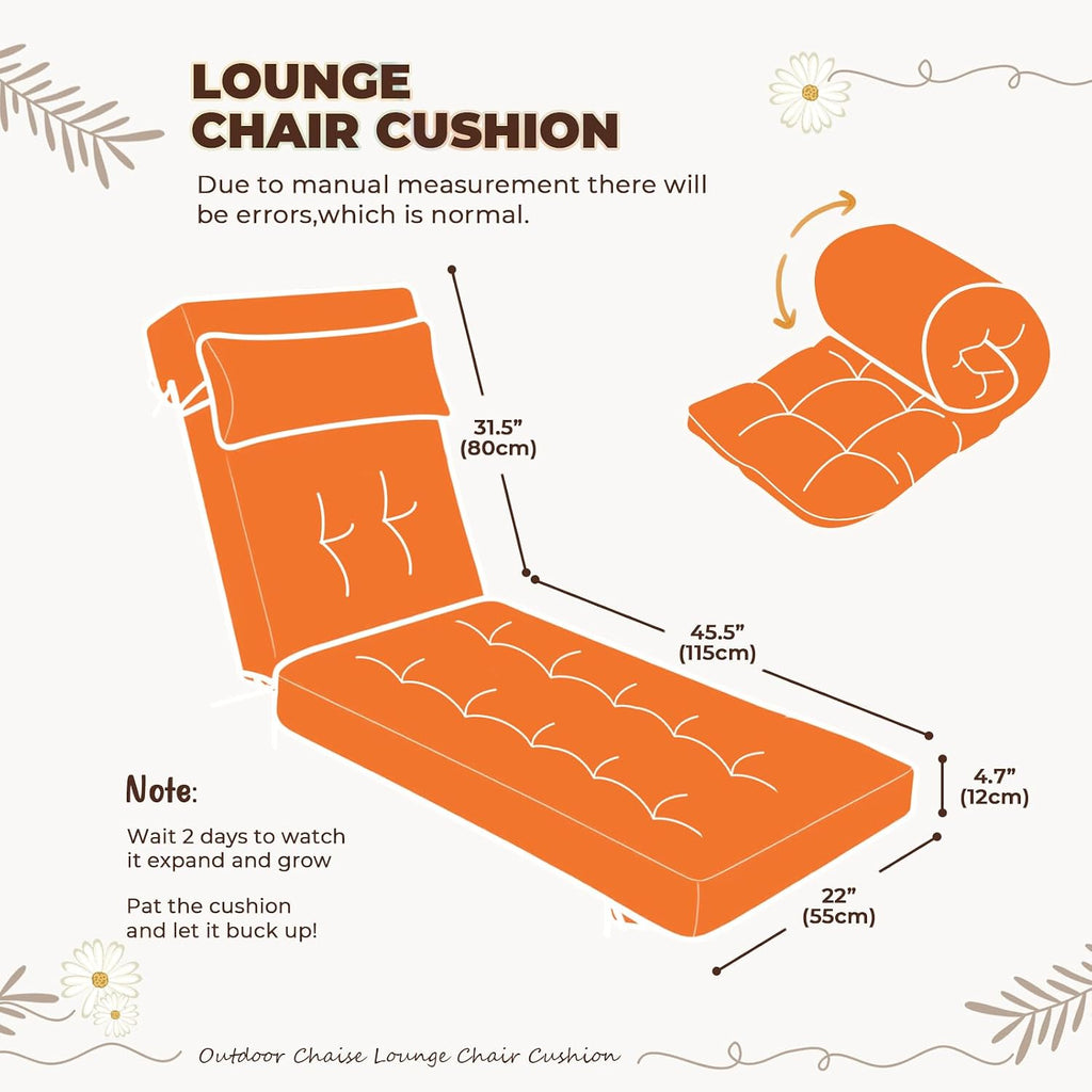 Waterproof Lounge Chair Cushion Outdoor for Chairs, Fade Resistant Chaise Lounger Replacement Cushions with 6 Ties