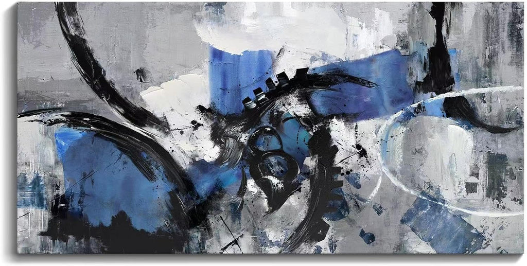 Abstract Canvas Wall Art: Large Wall Art Paintings, Modern, Framed Artwork in Blue and Black -Bedroom, and Office