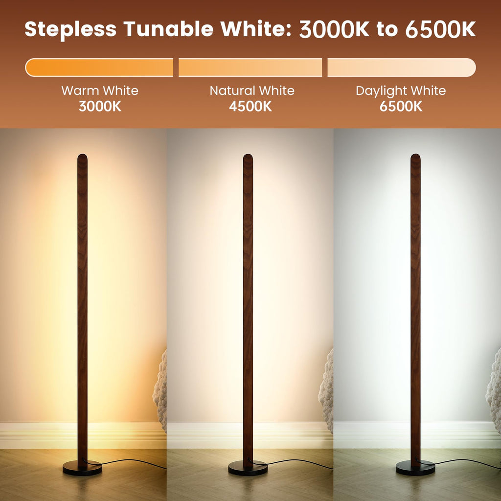 Handcrafted Walnut Ash Solid Wood Floor Lamp, Modern Dimmable Corner LED Standing Light with Remote & Foot Switch